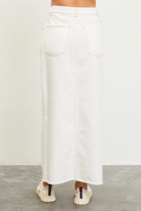 White Color Front Slit Long Denim Skirt