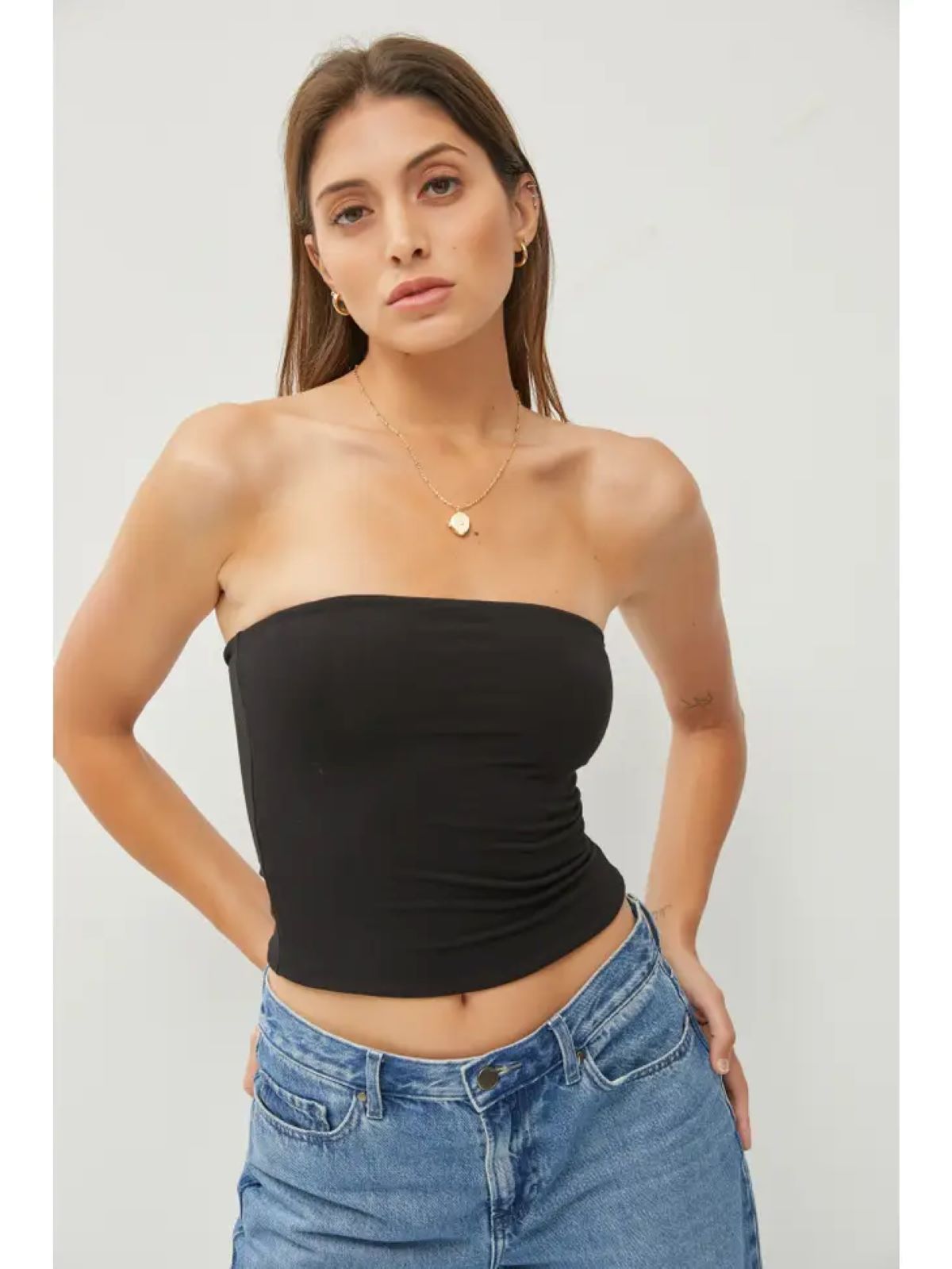 Image of a Basic Black Bandeau Top model close up image facing to the front