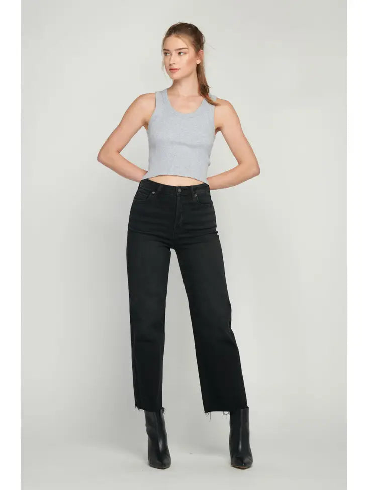 full image of a black jean. Model facing to the front